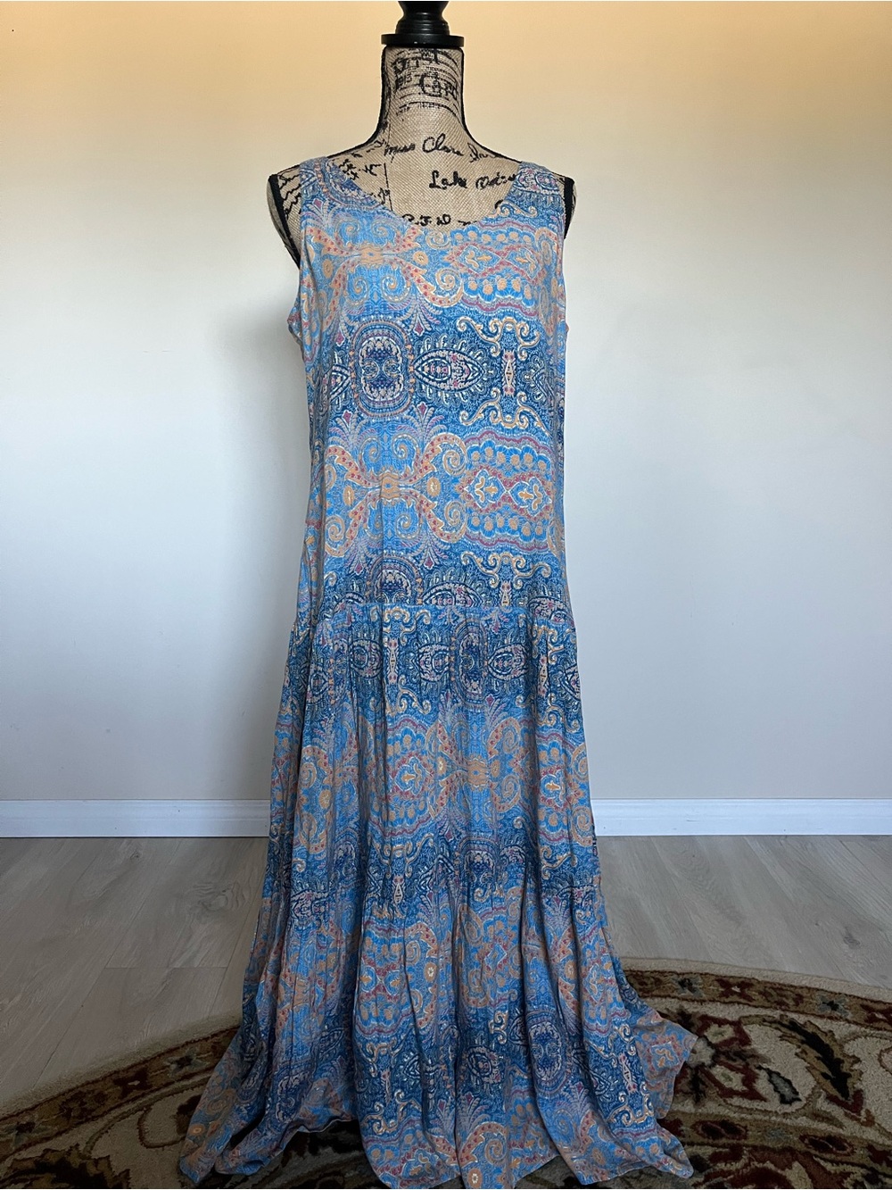 Carlie B Drop waist Sleeveless Blue Paisley Dress Sz L Lightweight Summer Style